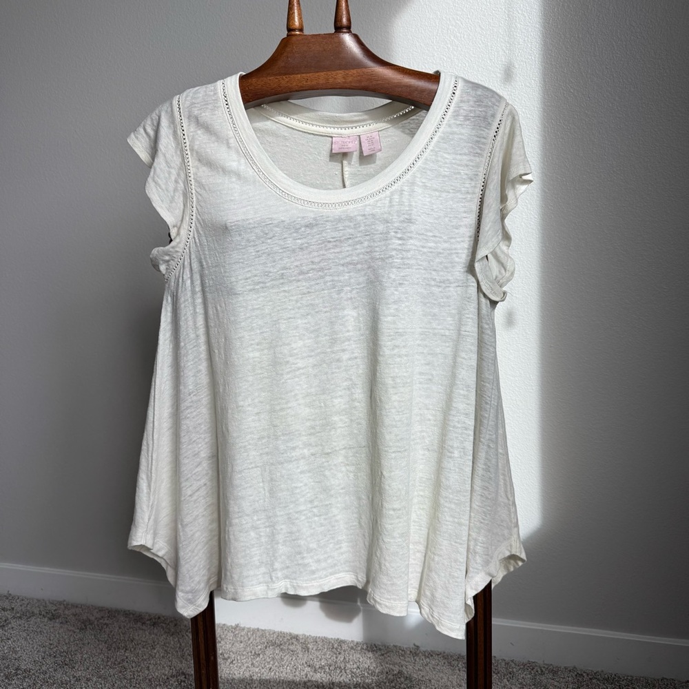 St. Tropez Cream 100% Linen Ruffle Lanenlook Sleeve Blouse Summer Vacation Boho